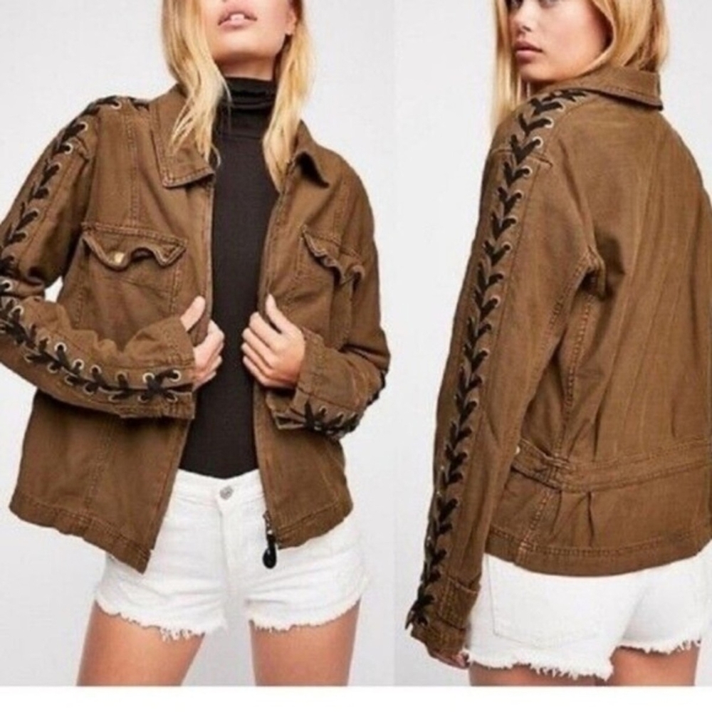 NWT FREE PEOPLE Tan Utility Jacket with Black Accents